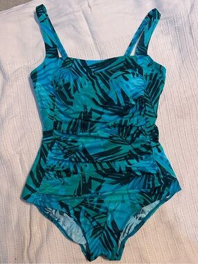 L.L. Bean Teal & Turquoise Palm-Print One-Piece Swimsuit, Women’s size 12